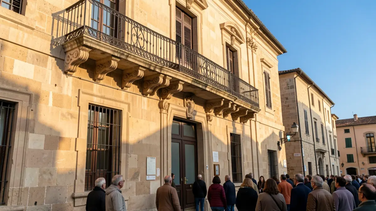 Imagen genérica de la fachada de un ayuntamiento mediterráneo con balcón y barandillas de hierro, iluminado por la luz cálida de la tarde.