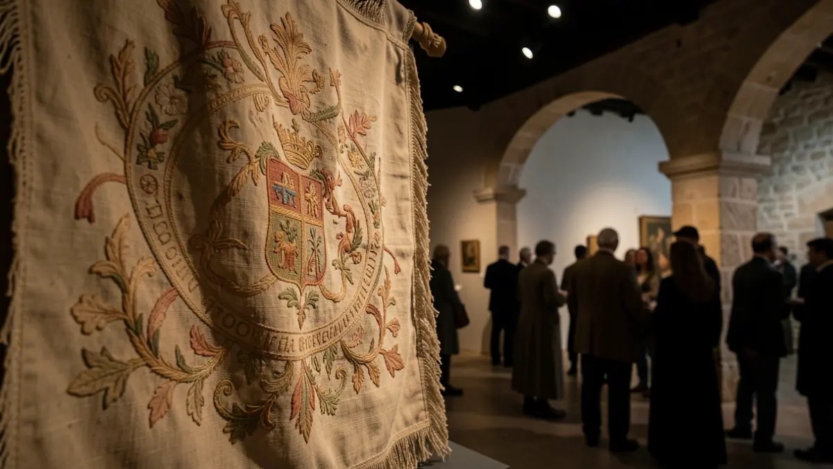 Imagen de una bandera antigua restaurada, expuesta en un espacio cultural.