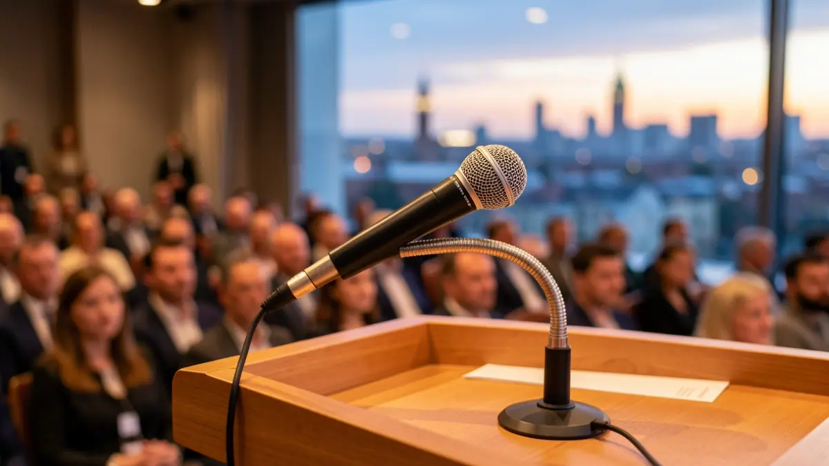 Generic image of a podium with a microphone in a conference space.