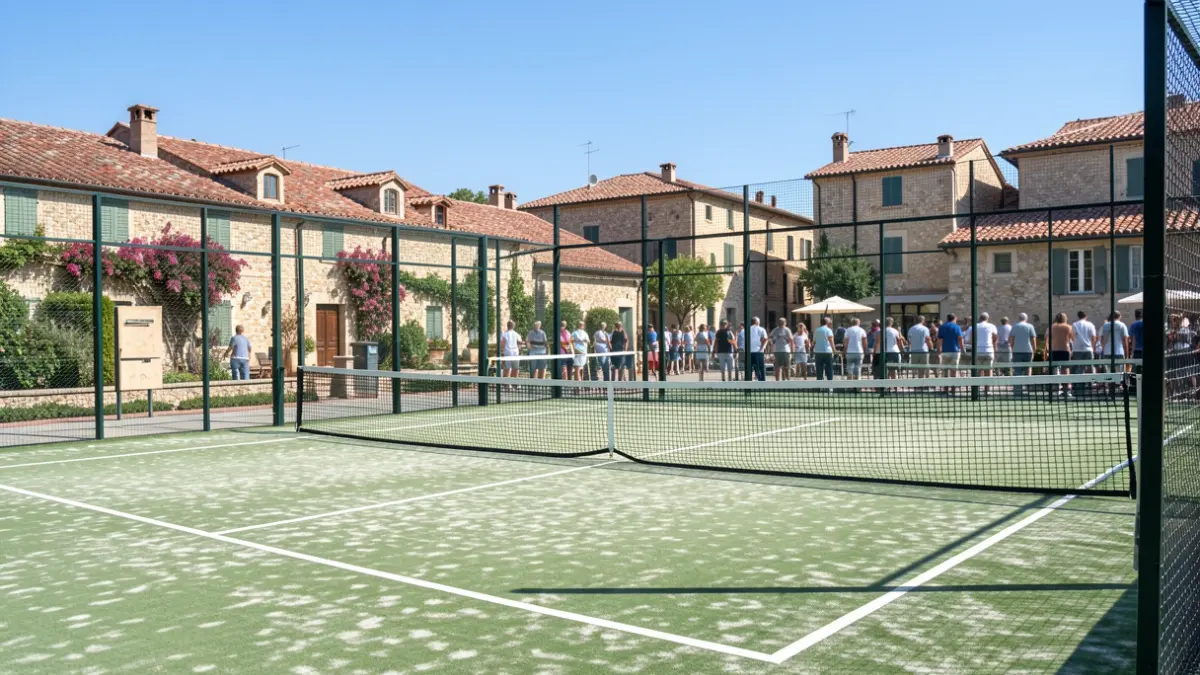 Pista de pádel genérica con arquitectura mediterránea.