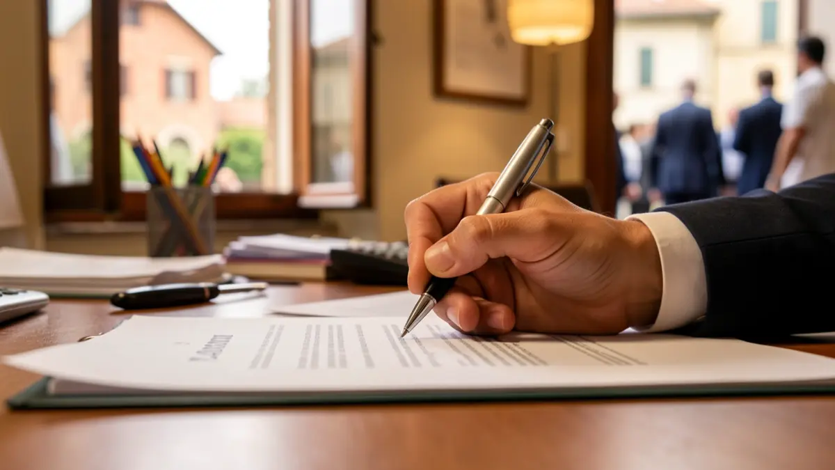 Imagen genérica de una mano firmando un documento en un escritorio.