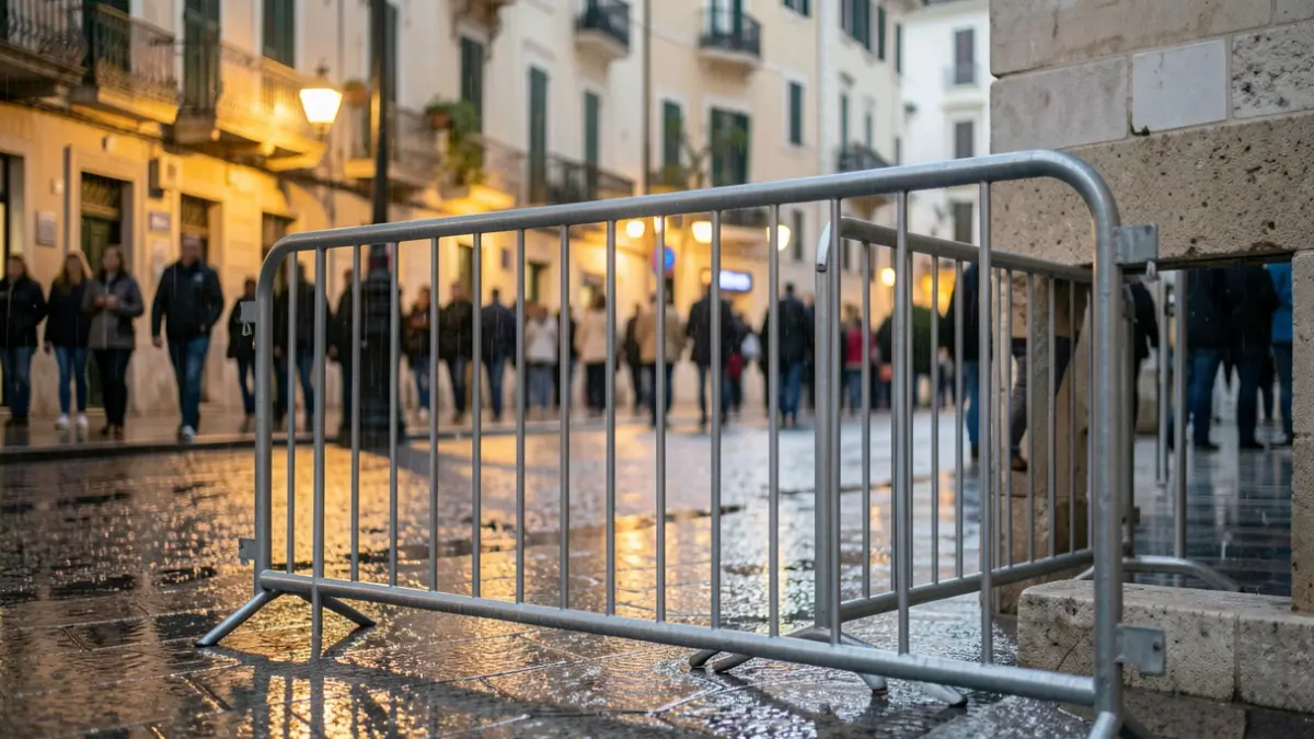 Imatge d'una barrera antiinundació instal·lada en l'accés d'un edifici residencial en un entorn urbà.