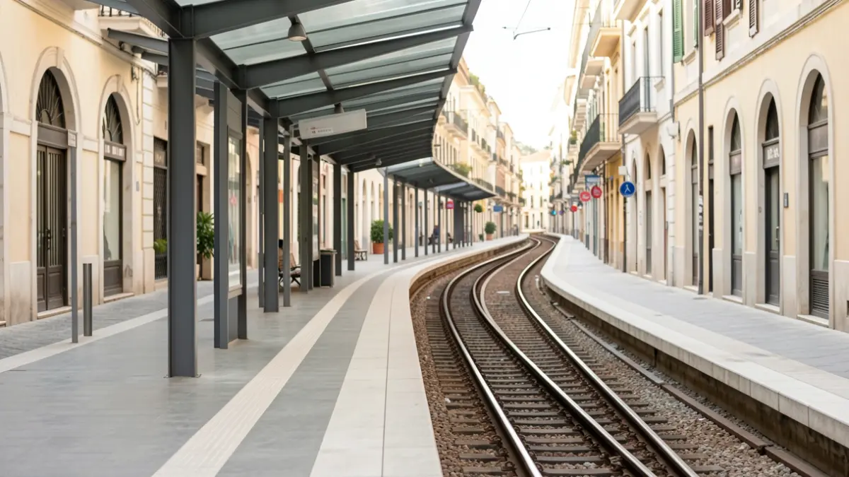 Imagen genérica de una estación de tranvía vacía con las vías al fondo.