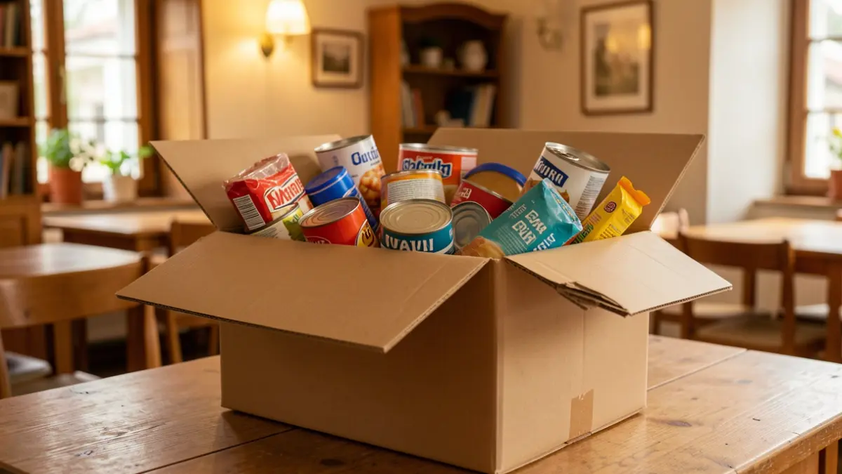Imatge genèrica d'una caixa de donacions amb aliments i productes bàsics.