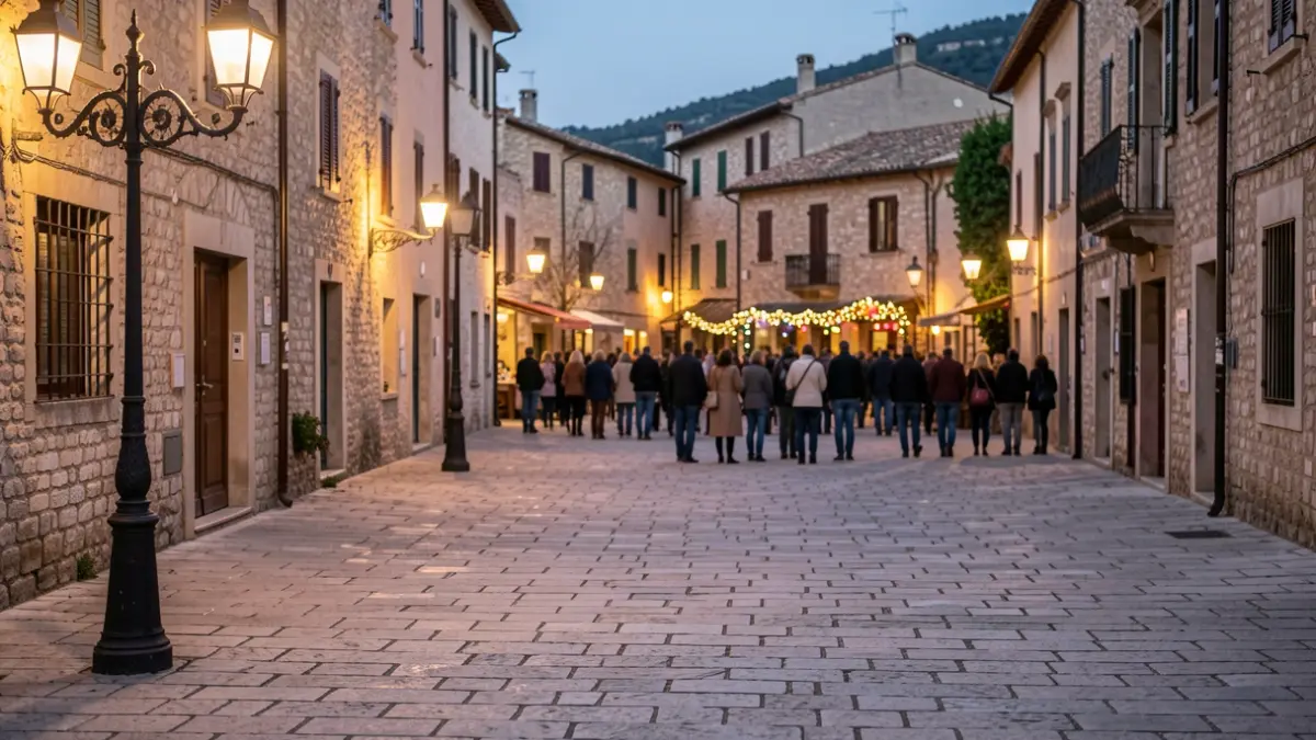 Generic image of a town square in a festive atmosphere during sunset.