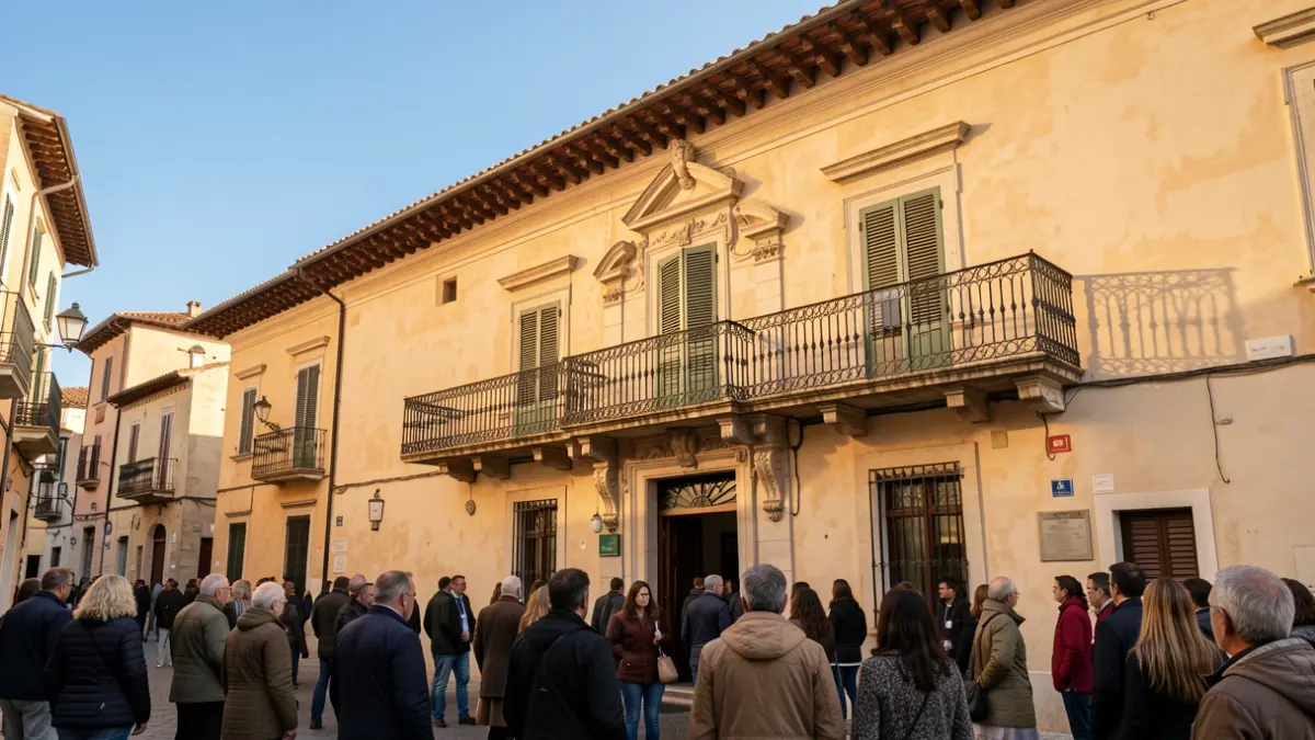 Imatge genèrica de la façana d'un ajuntament mediterrani amb balcó i baranes de ferro, il·luminat per la llum del sol de la vesprada.