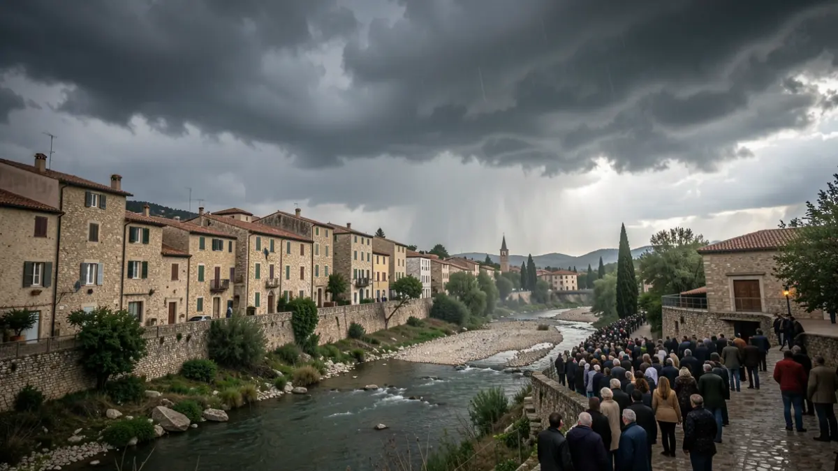 Generic image of storm clouds over a Mediterranean town with rain.
