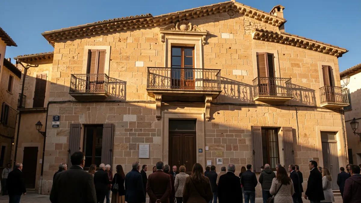 Imagen genérica de la fachada de un ayuntamiento mediterráneo con balcón y barandillas de hierro, iluminado por el sol de la tarde.