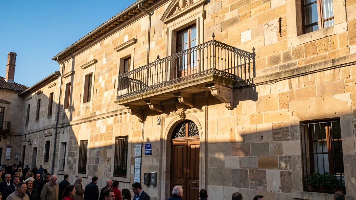 Generic image of a Valencian town hall facade with a balcony and iron railings, illuminated by the afternoon sun.
