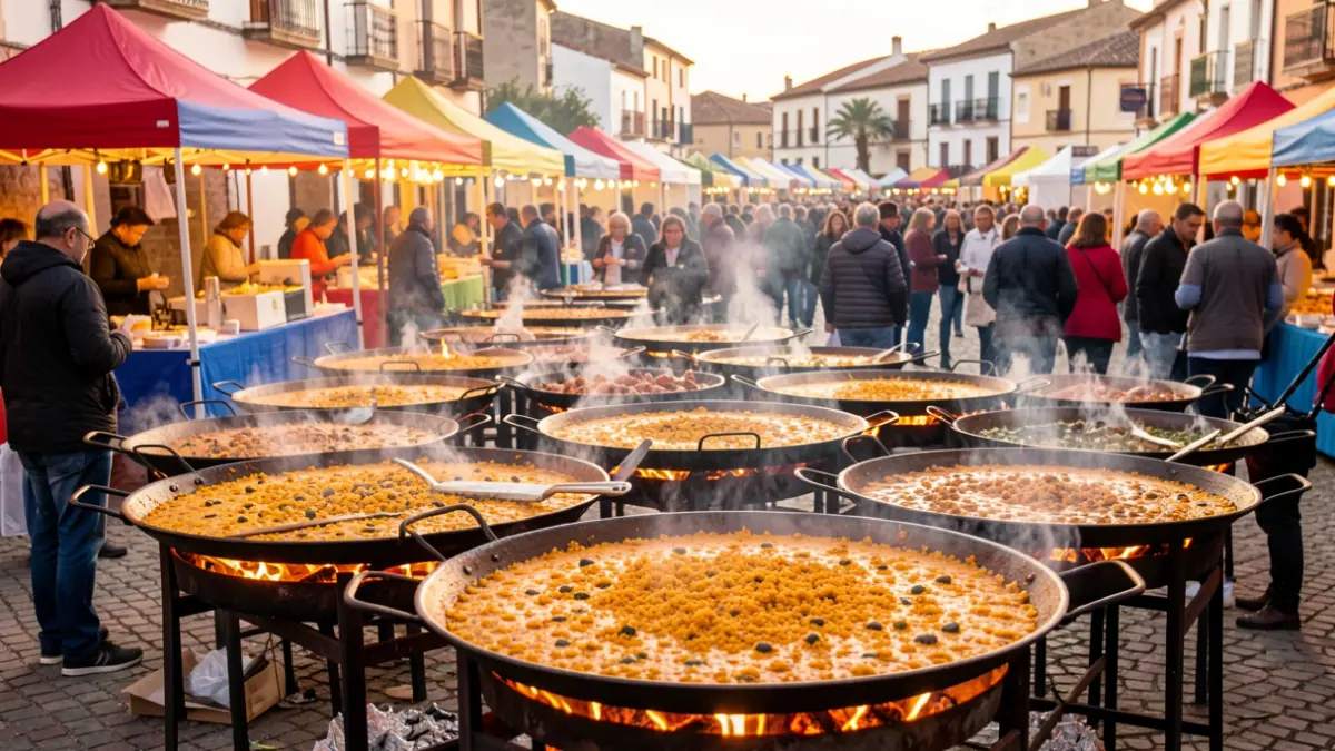 Imagen genérica de un concurso de paellas en Utiel con numerosas paellas cocinándose bajo carpas.
