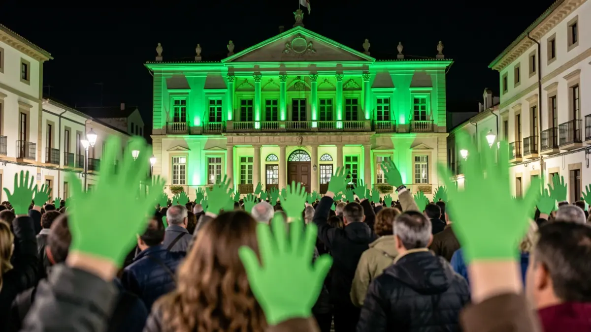 Fachada del Ayuntamiento de Utiel iluminada de verde, con personas sosteniendo manos de cartulina verdes.