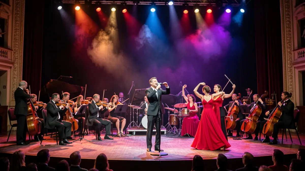 Imagen genérica de un concierto de tango con orquesta, cantante y bailarines.