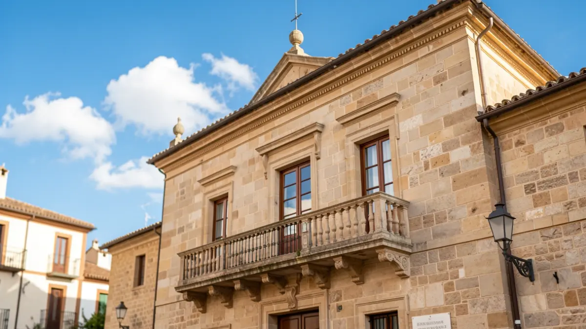 Utiel Town Hall with a balcony and blue sky.