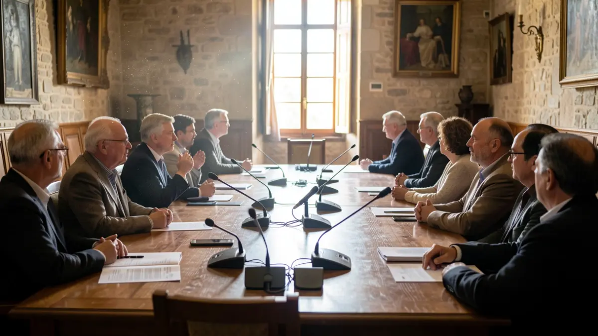 Generic image of a municipal meeting room with microphones.