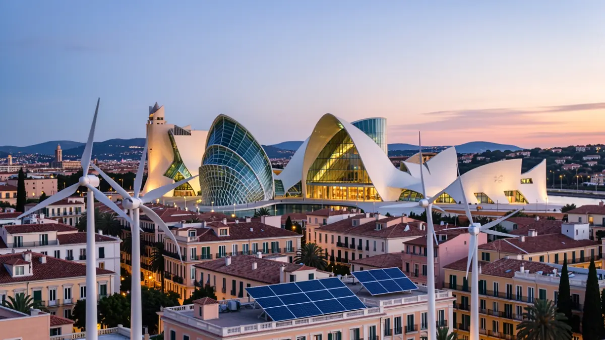 Generic image of the City of Arts and Sciences in Valencia illuminated at dusk with renewable energy symbols.