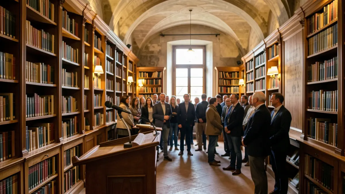 Sala d'actes amb un faristol i micròfon en un entorn cultural de València.