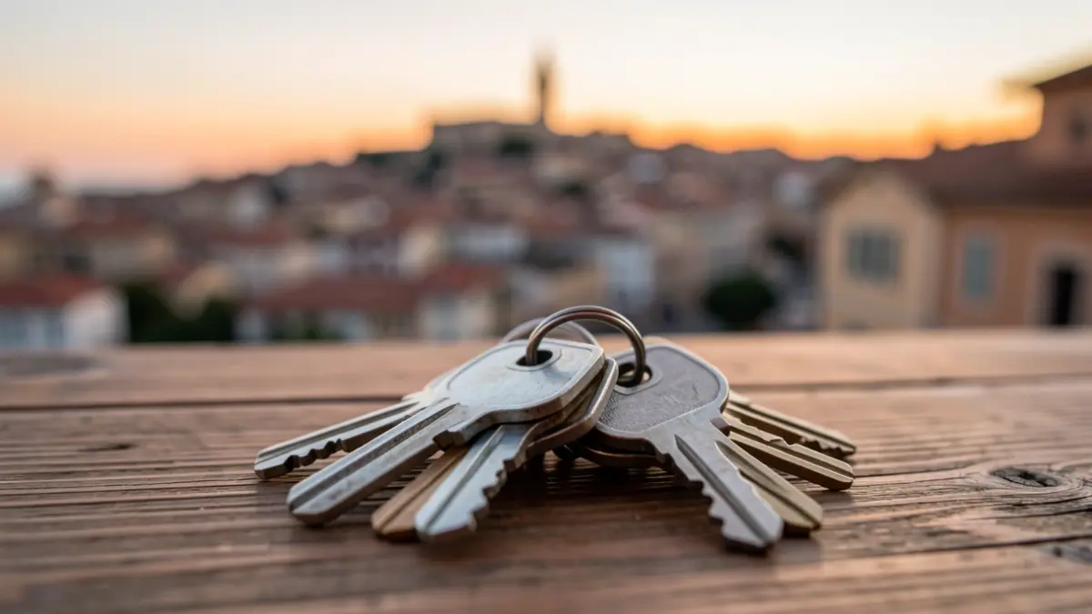 Generic image of keys on a table with a blurred urban background.