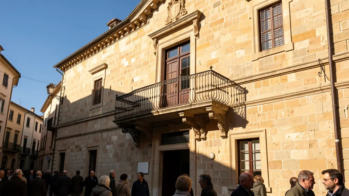 Stone facade of a historic building with an ornate balcony under the afternoon sunlight.