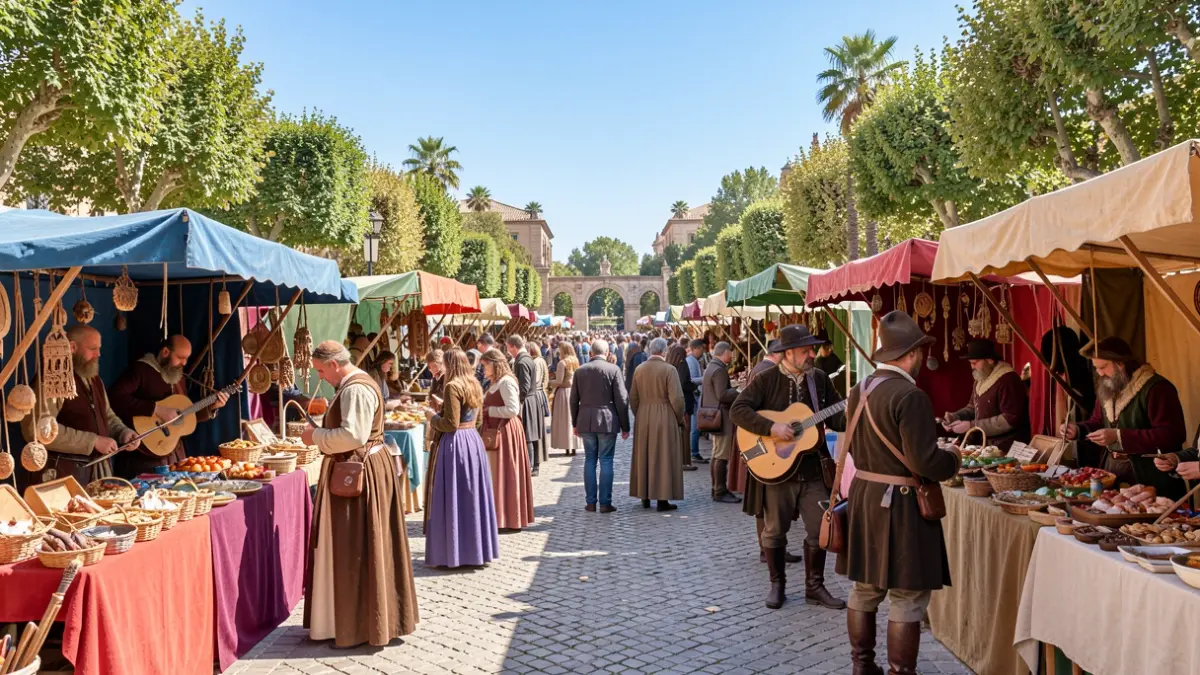 Generic image of a medieval market with crafts and shows.