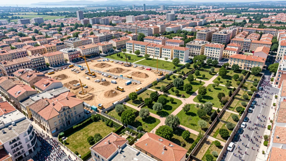 Vista aérea de un barrio de València en proceso de renovación urbana con construcciones nuevas.