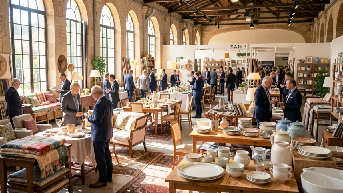 Imagen genérica de una feria de diseño y hábitat en Valencia, con expositores de muebles, textiles, cocina y cerámica.