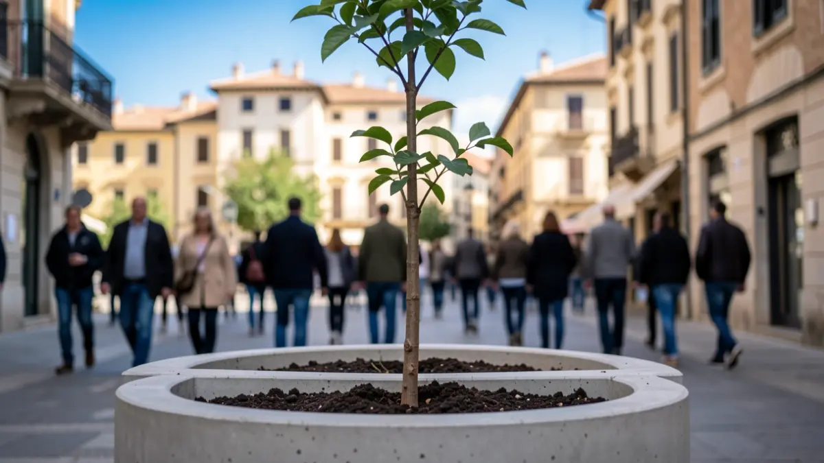 Imatge genèrica d'un arbre jove plantat en un gran alcorc en una vorera urbana, amb arquitectura mediterrània al fons.