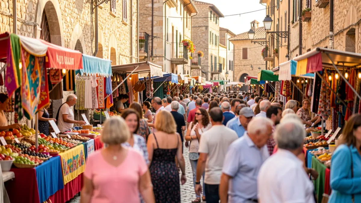 Imagen genérica de una feria tradicional en un pueblo mediterráneo con puestos y gente disfrutando del ambiente.