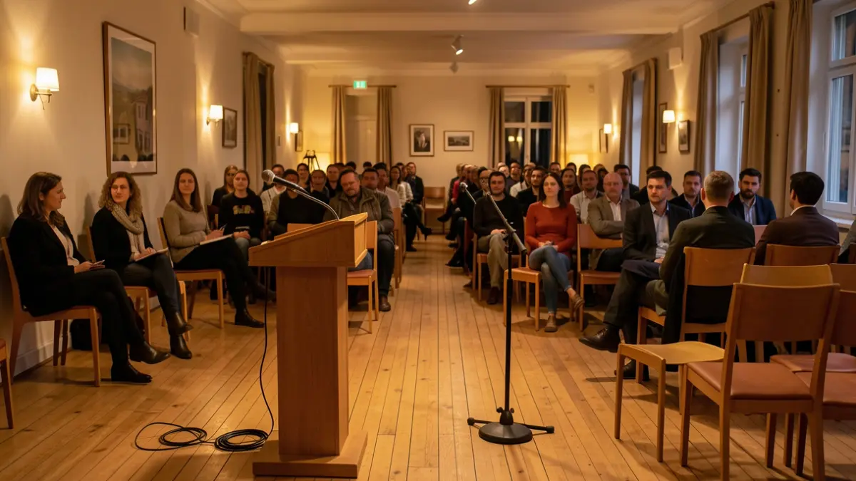 Imatge genèrica d'un espai de tallers amb cadires i un faristol en un centre comunitari.