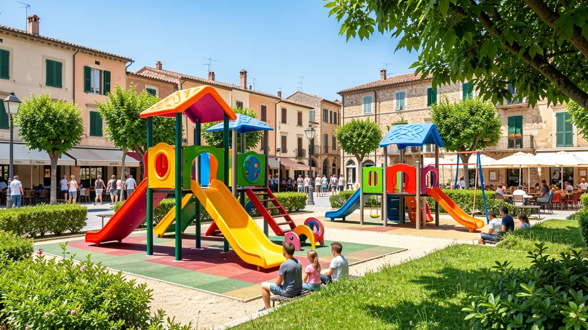 Generic image of a modern and safe children's playground in a Mediterranean setting.