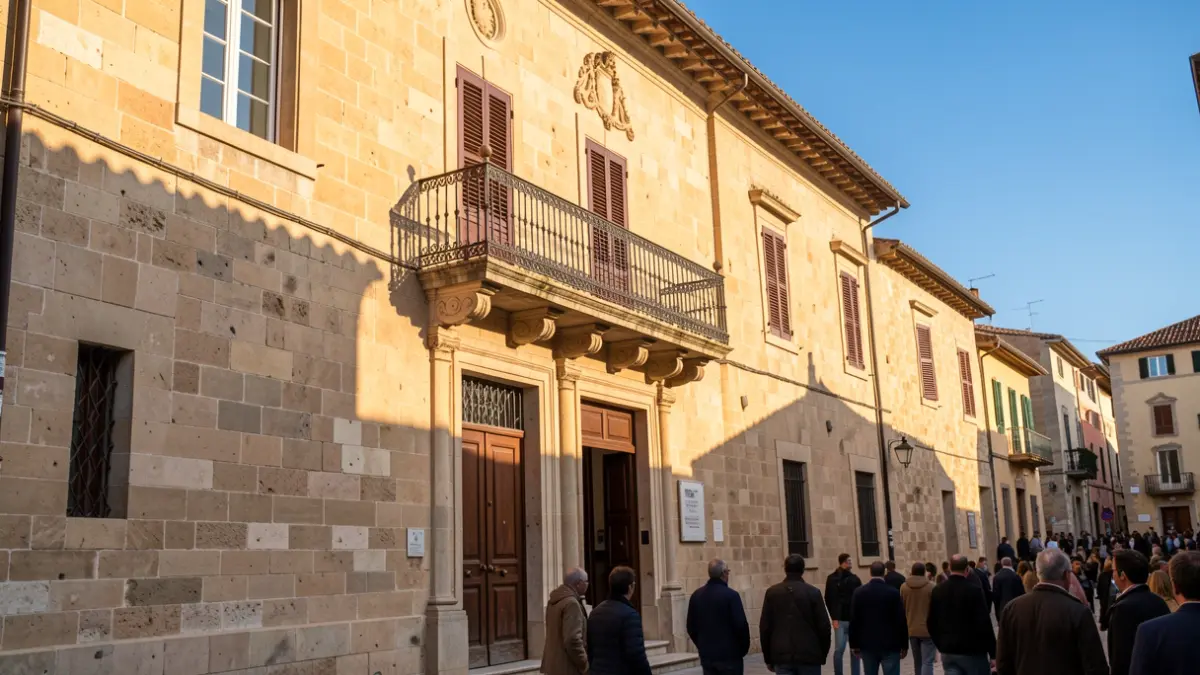 Imatge genèrica d'un edifici municipal amb balcó i baranes de ferro, il·luminat pel sol de la vesprada.