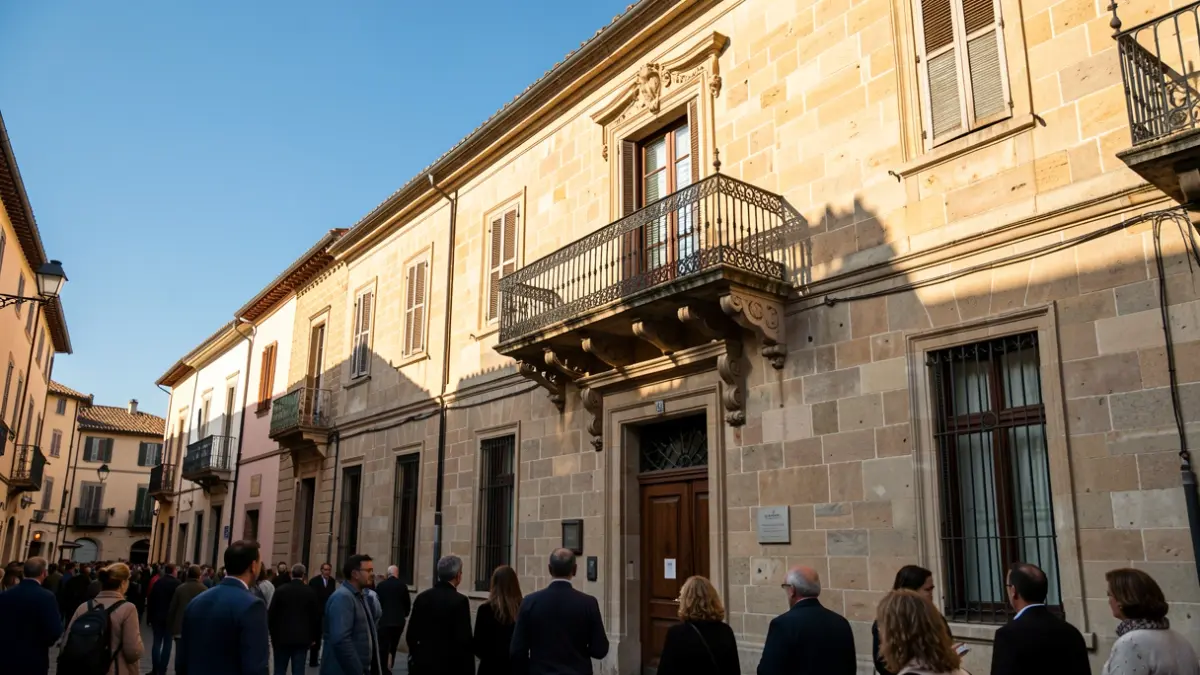 Generic image of a Mediterranean town hall facade with a balcony and iron railings, illuminated by the afternoon sun.
