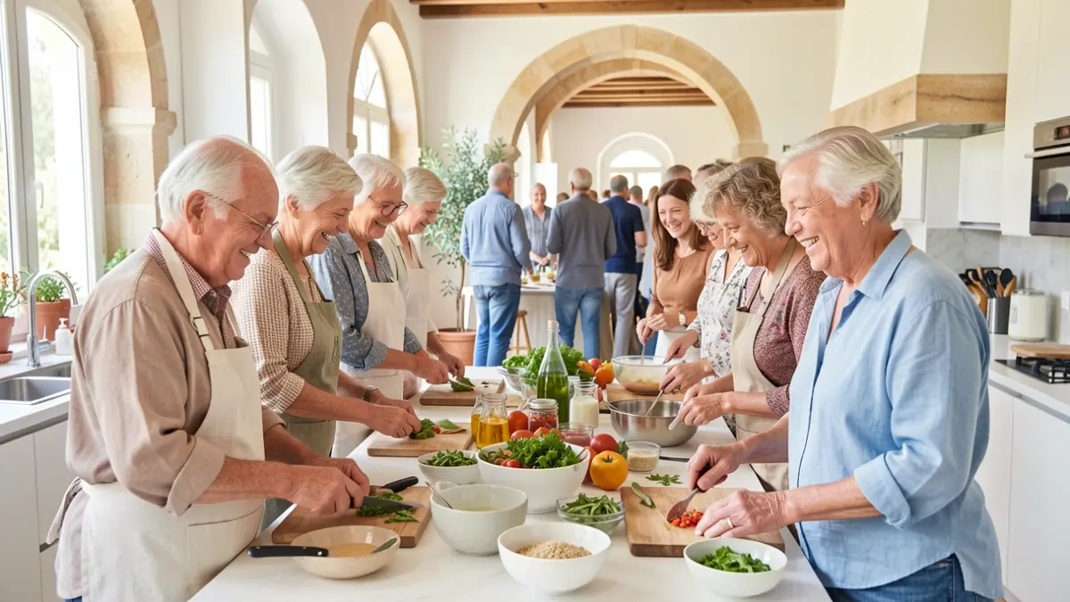 Imatge genèrica d'un grup de persones grans participant en una activitat de cuina saludable.