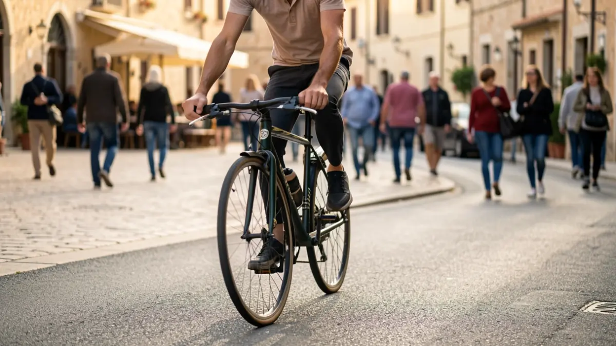 Imatge genèrica d'un ciclista en un entorn urbà mediterrani.