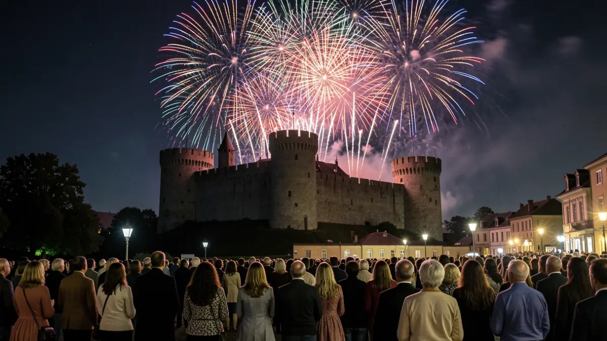 Imagen genérica de un castillo iluminado por fuegos artificiales.