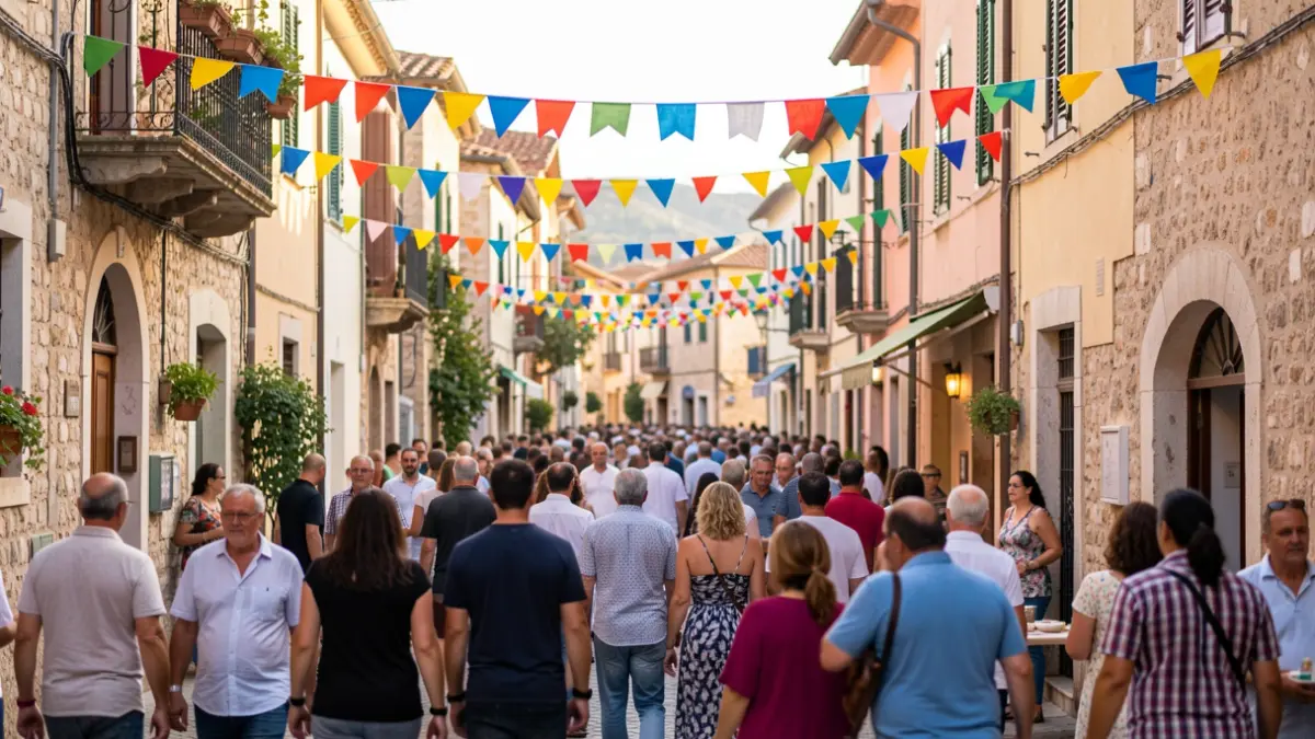 Imatge genèrica d'un carrer animat durant una festa popular a un poble mediterrani.