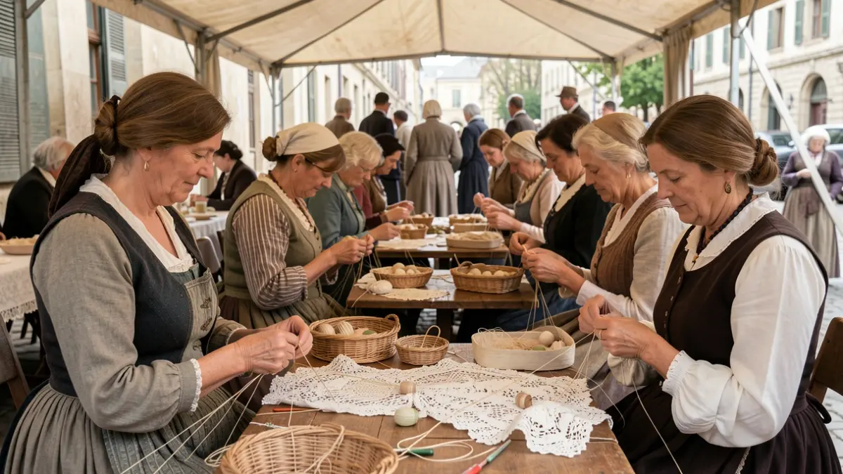 Generic image of lacemakers working with bobbins under a large canopy.