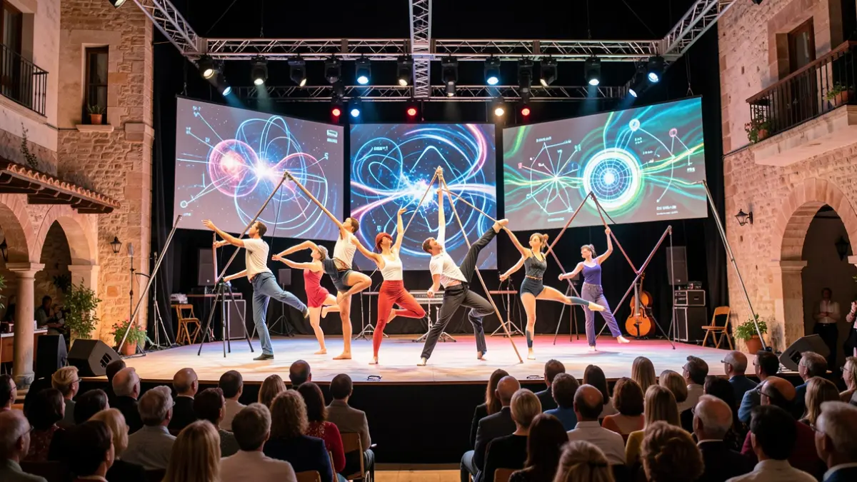 Generic image of a performance combining dance, circus, and scientific visualizations on a stage with Mediterranean architectural elements.