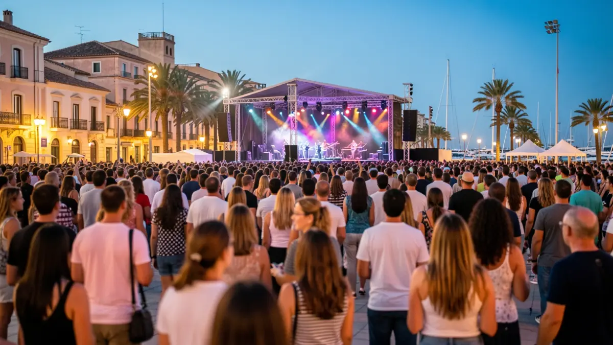 Generic image of a music festival at La Marina de València with crowd and night lights.