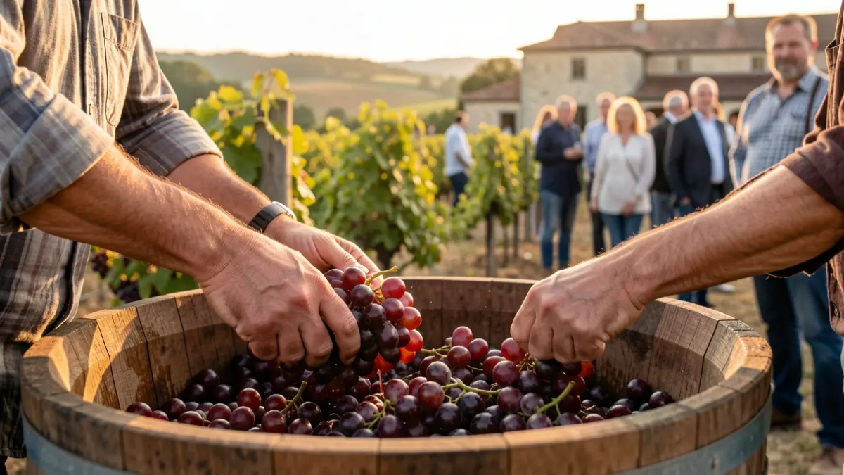 Imagen genérica de manos pisando uvas en un barril de madera tradicional, con viñedos al fondo.