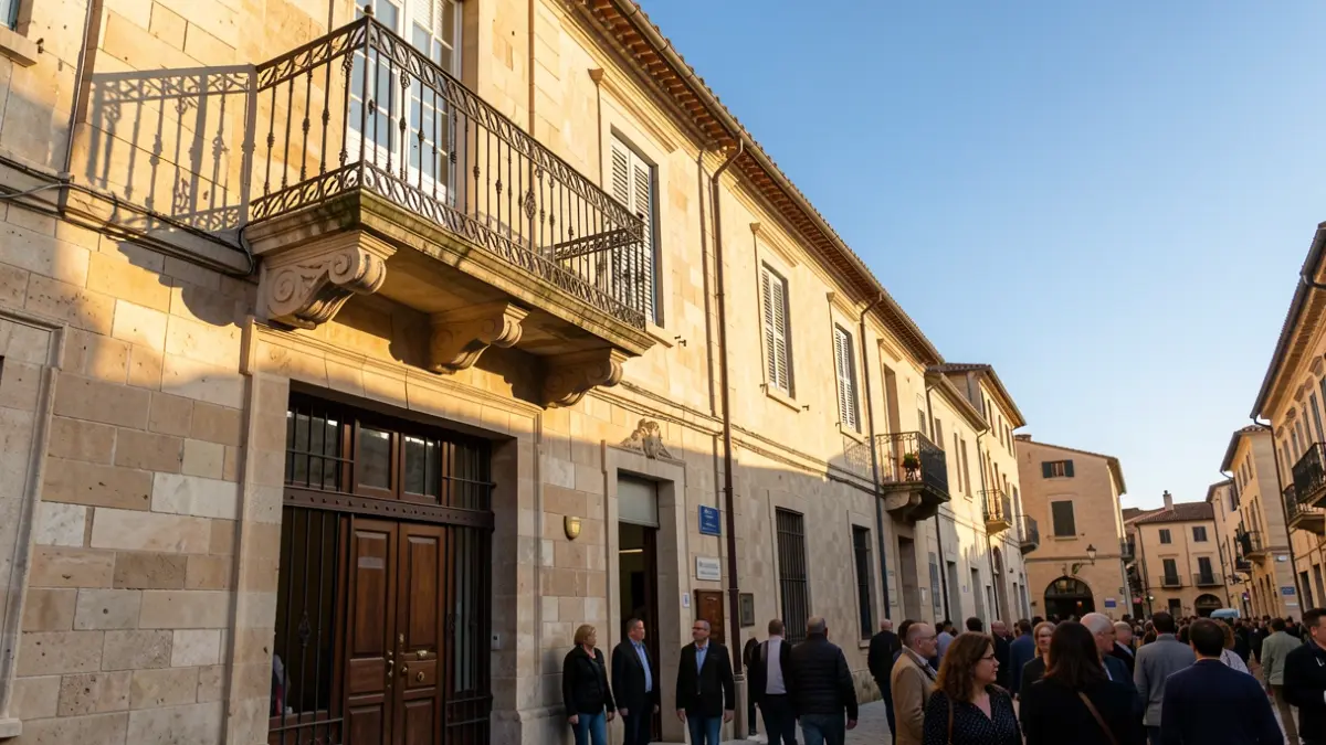 Façana d'un ajuntament mediterrani amb balcó i baranes de ferro, il·luminat per la llum càlida de la vesprada.