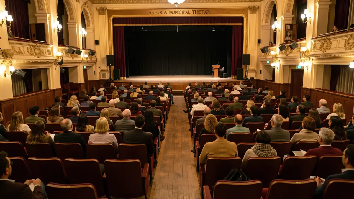Imatge genèrica de l'interior del Teatre Astoria de Xiva, amb seients buits i l'escenari al fons.