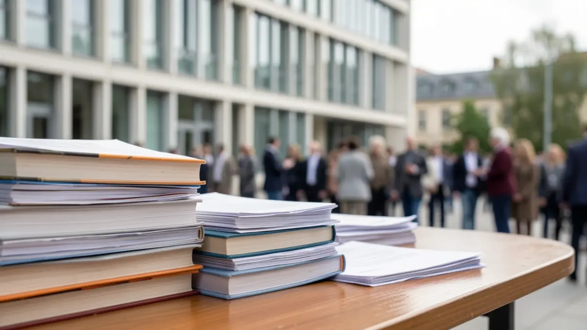 Generic image of books and papers on a desk in a university setting.