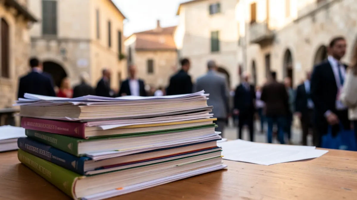 Imagen genérica de libros académicos y papeles sobre una mesa, con arquitectura mediterránea al fondo.