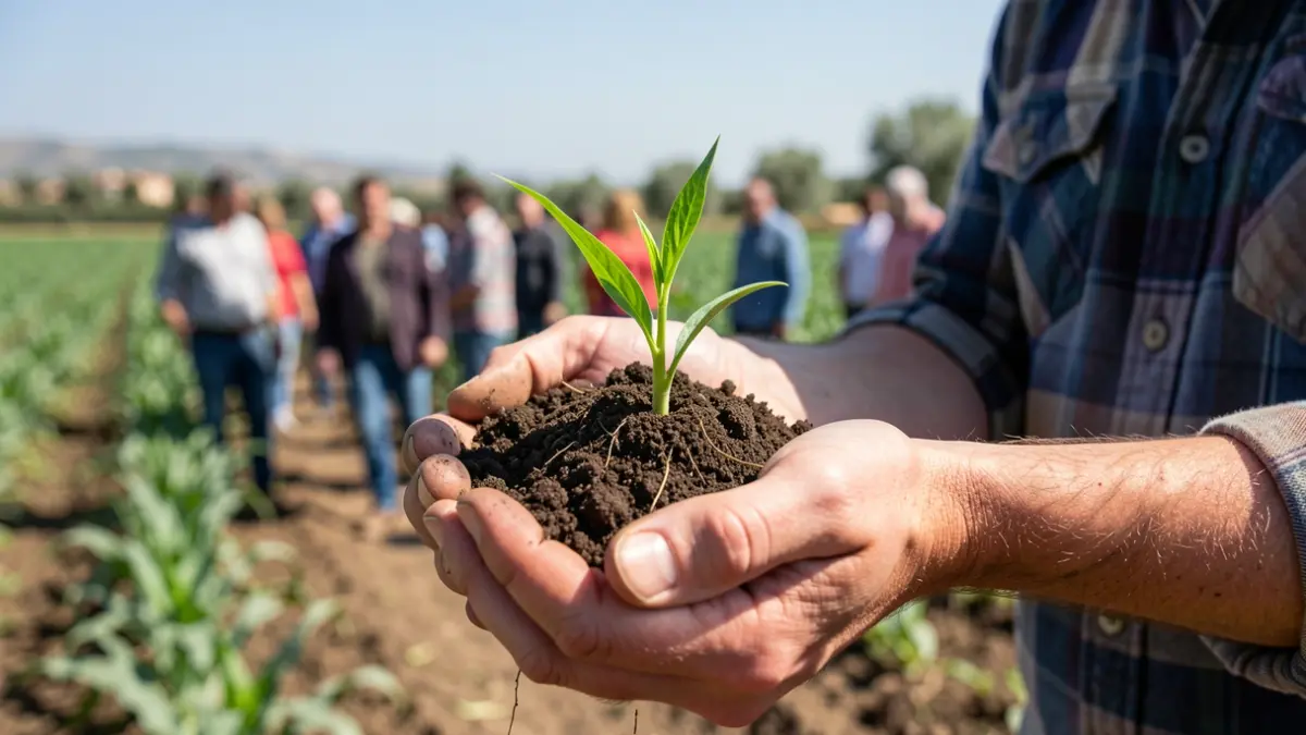 Generic image of a young farmer's hands holding soil with green shoots in a field.