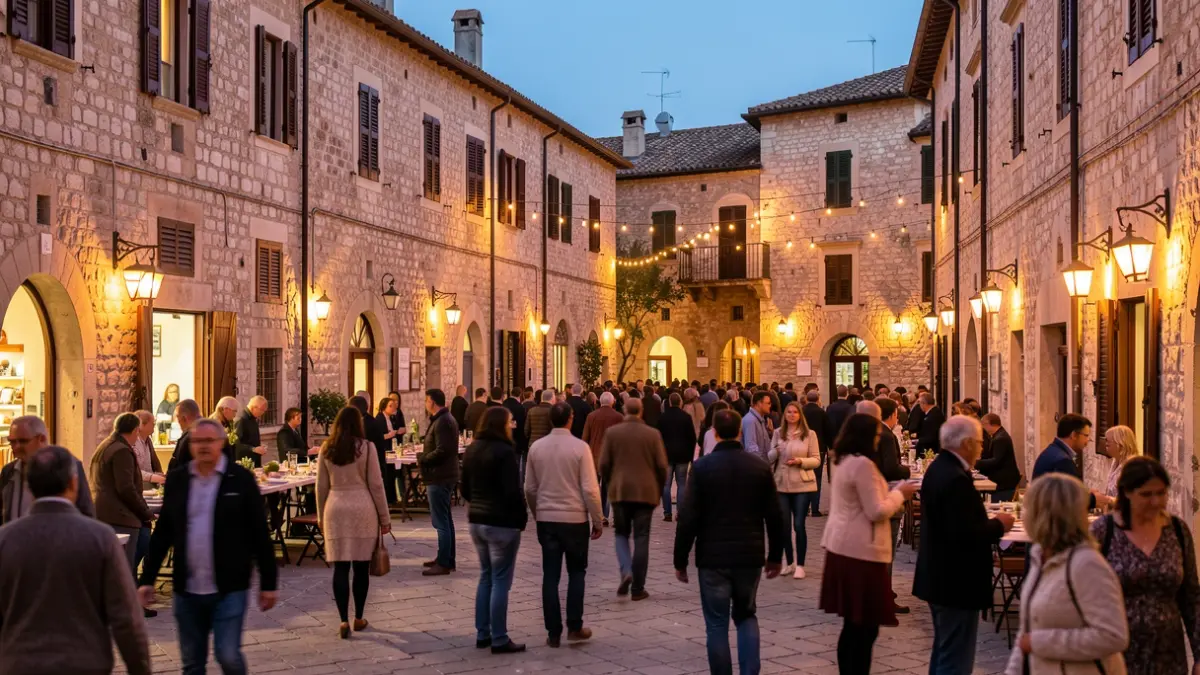 Imatge genèrica d'una plaça de poble mediterrani al capvespre amb llums càlides i gent al fons.