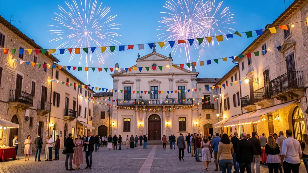 Imagen genérica de una plaza de pueblo mediterráneo durante una celebración nocturna, con elementos festivos y la arquitectura del ayuntamiento al fondo.