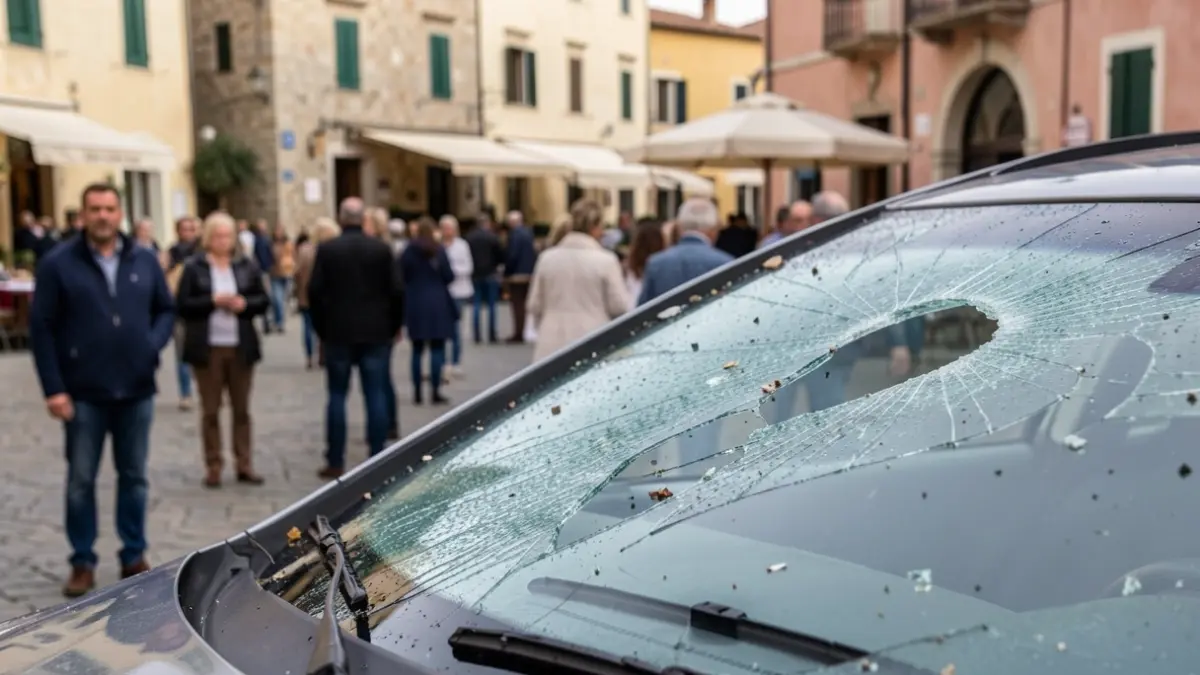 Generic image of the consequence of a storm, with a damaged windshield and water droplets.