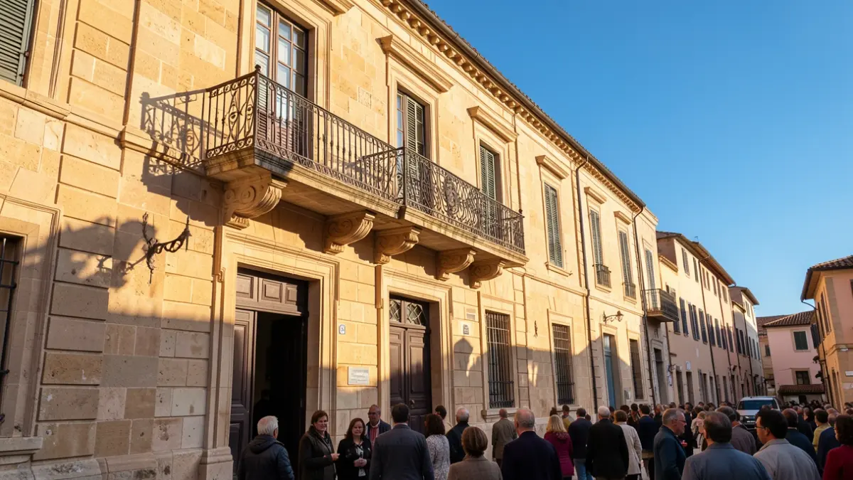 Imagen genérica de un edificio municipal con balcón y barandillas de hierro, iluminado por el sol de la tarde.