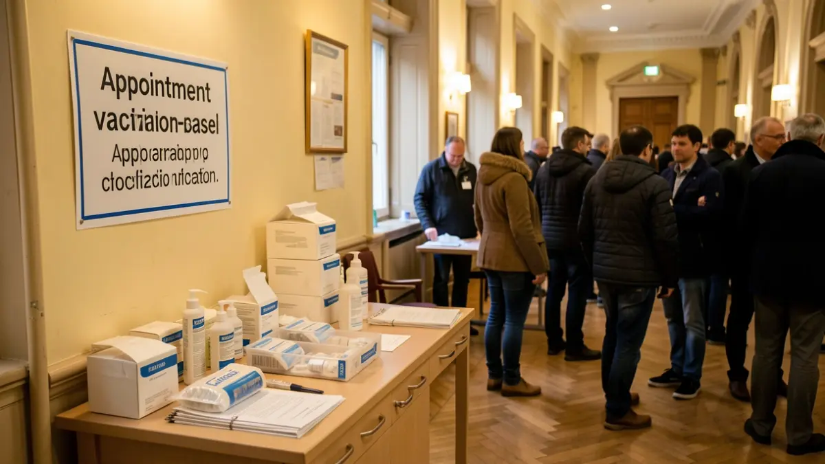 Generic image of a vaccination clinic with medical supplies and a sign indicating appointment-based vaccination.