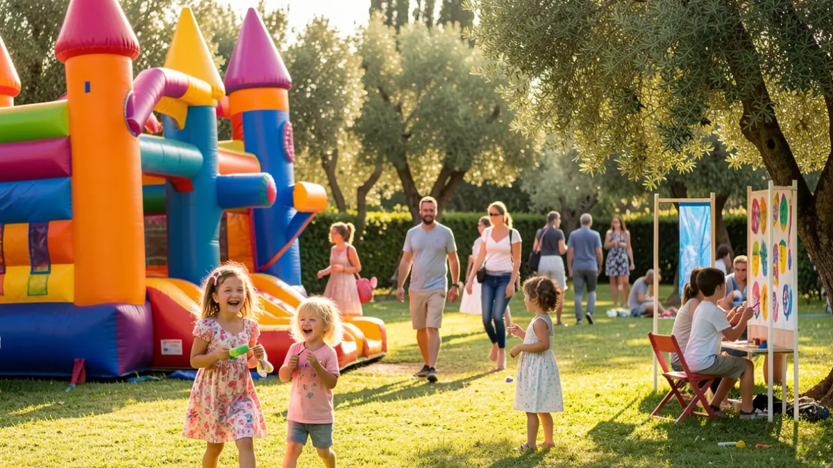 Imagen genérica de una fiesta infantil en un parque con castillos hinchables y pintacaras.